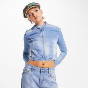 The Ragged Priest Y2K fitted denim jacket with button collar & zip